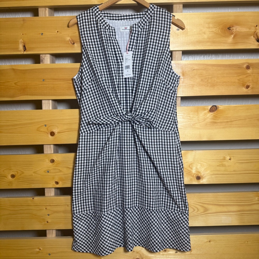 Vineyard Vines Dress Womens 12 Black Gingham Tie Front Sleeveless V-Neck NWT